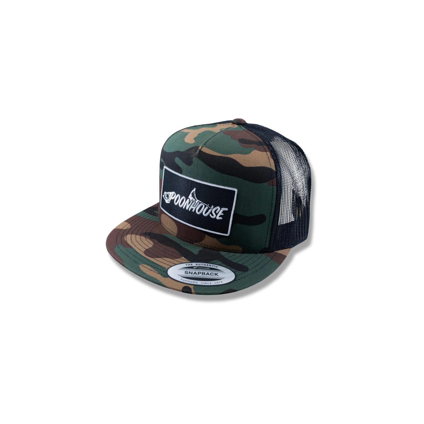 Army Camo Yupoong Flat Bill with Black Patch