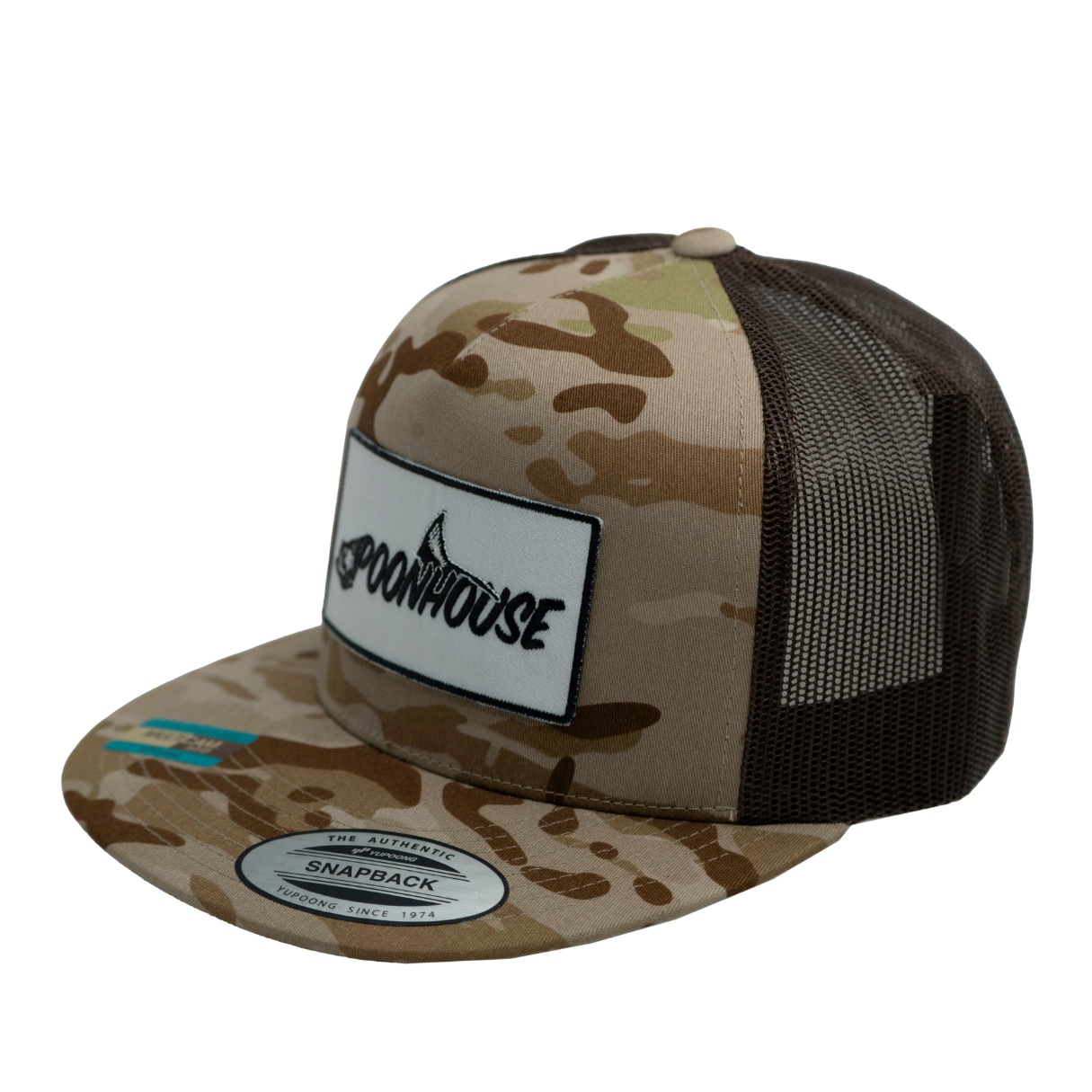 NEW Desert Camo & Brown Yupoong Flat Bill with White Patch