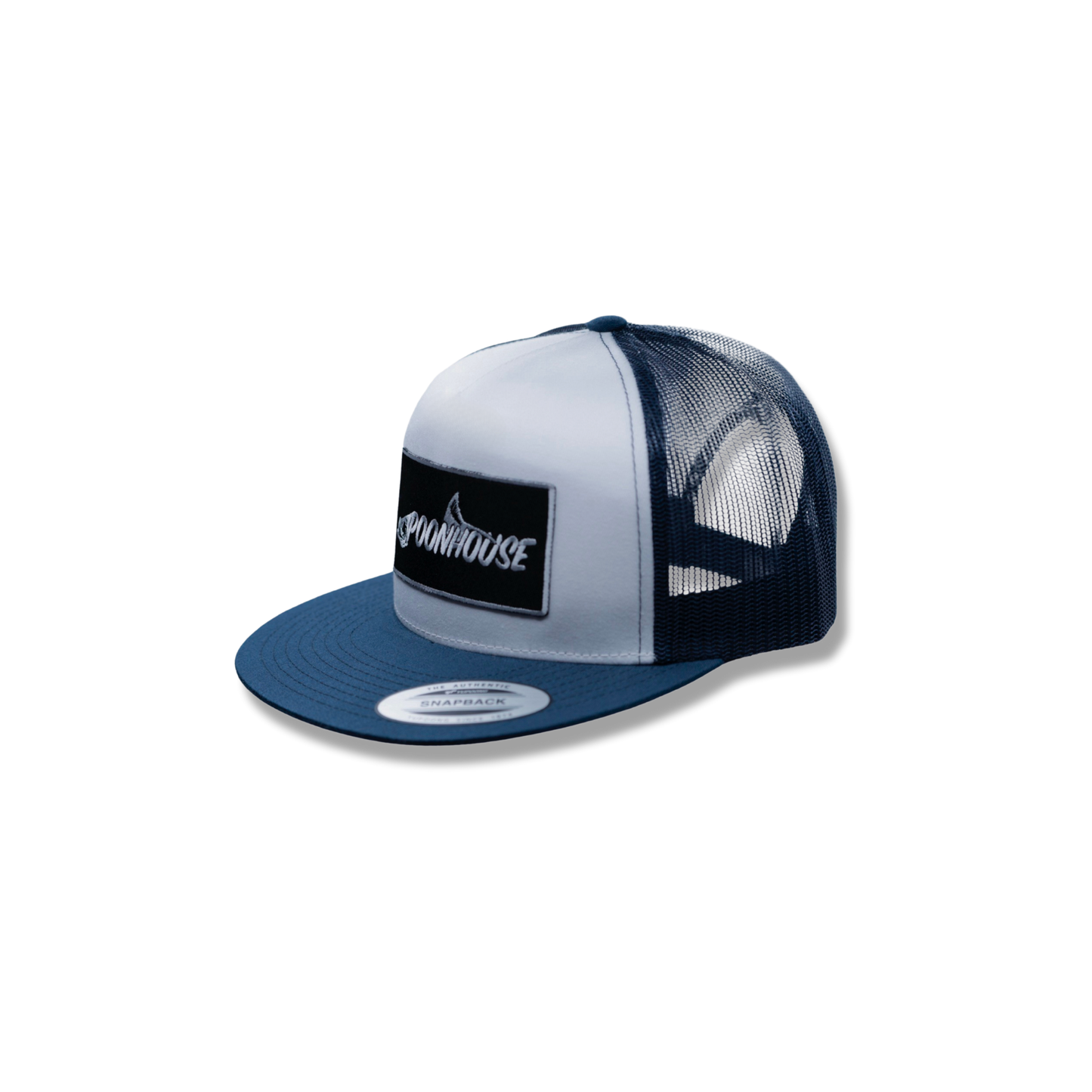 Navy & White Yupoong Flat Bill with Black Patch