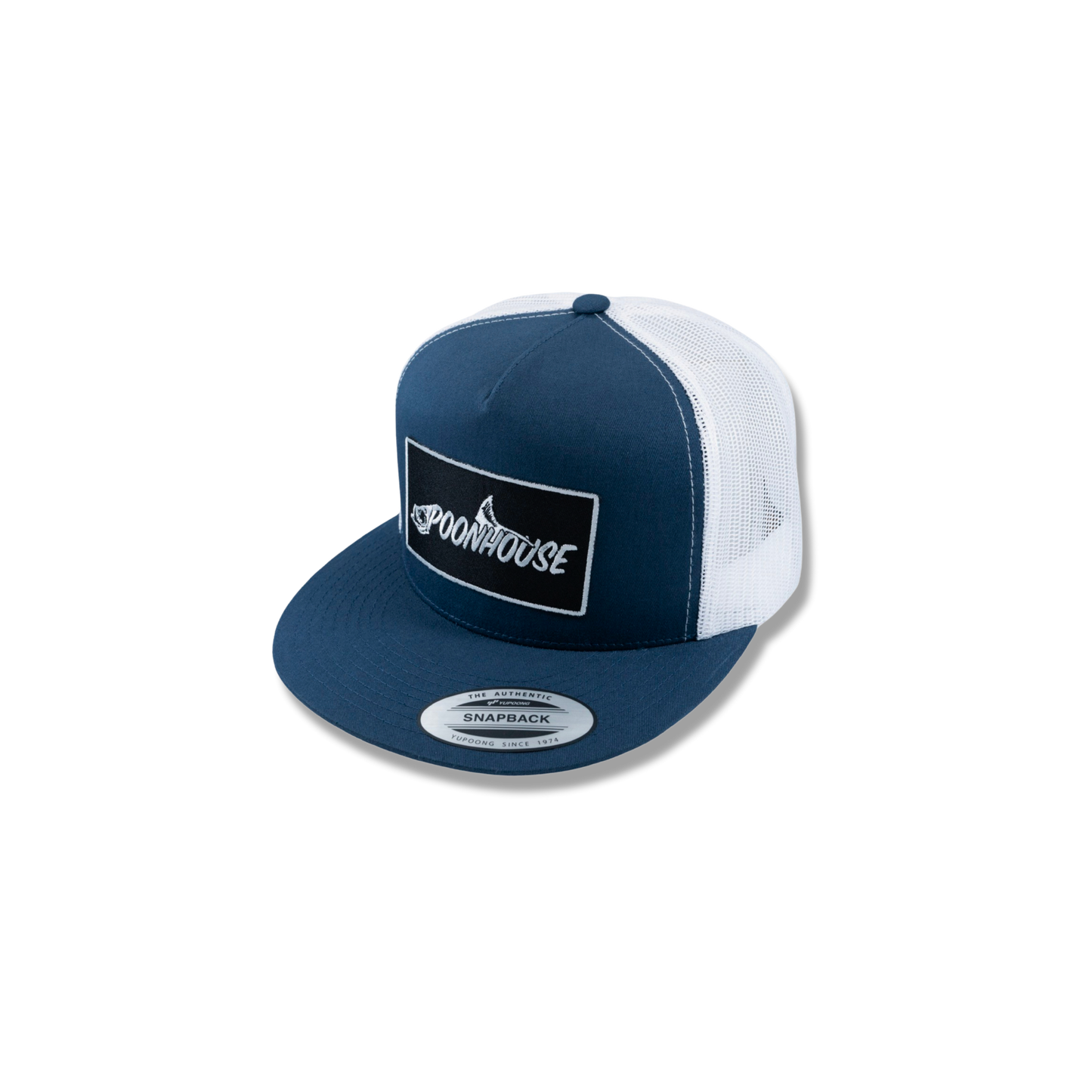 Navy & White Yupoong Flat Bill with Black Patch
