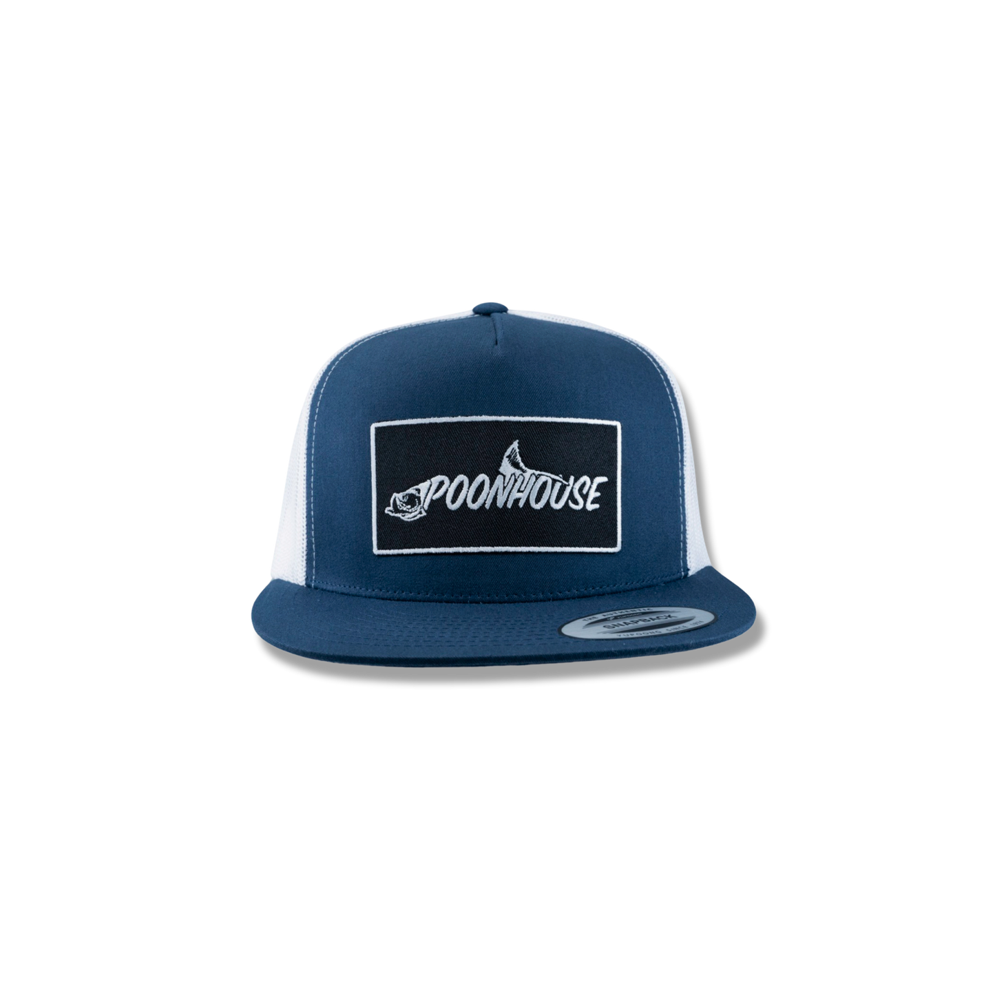 Navy & White Yupoong Flat Bill with Black Patch