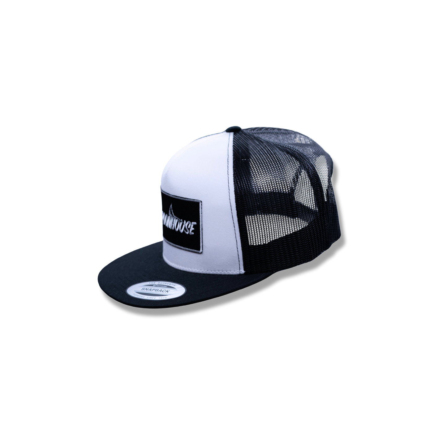 Black & White Yupoong Flat Bill with Black Patch
