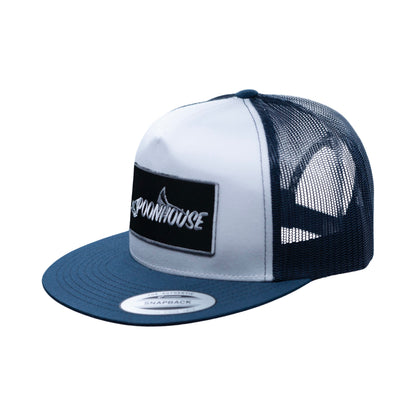 Navy & White- Black Patch Yupoong Snapback Flat Bill