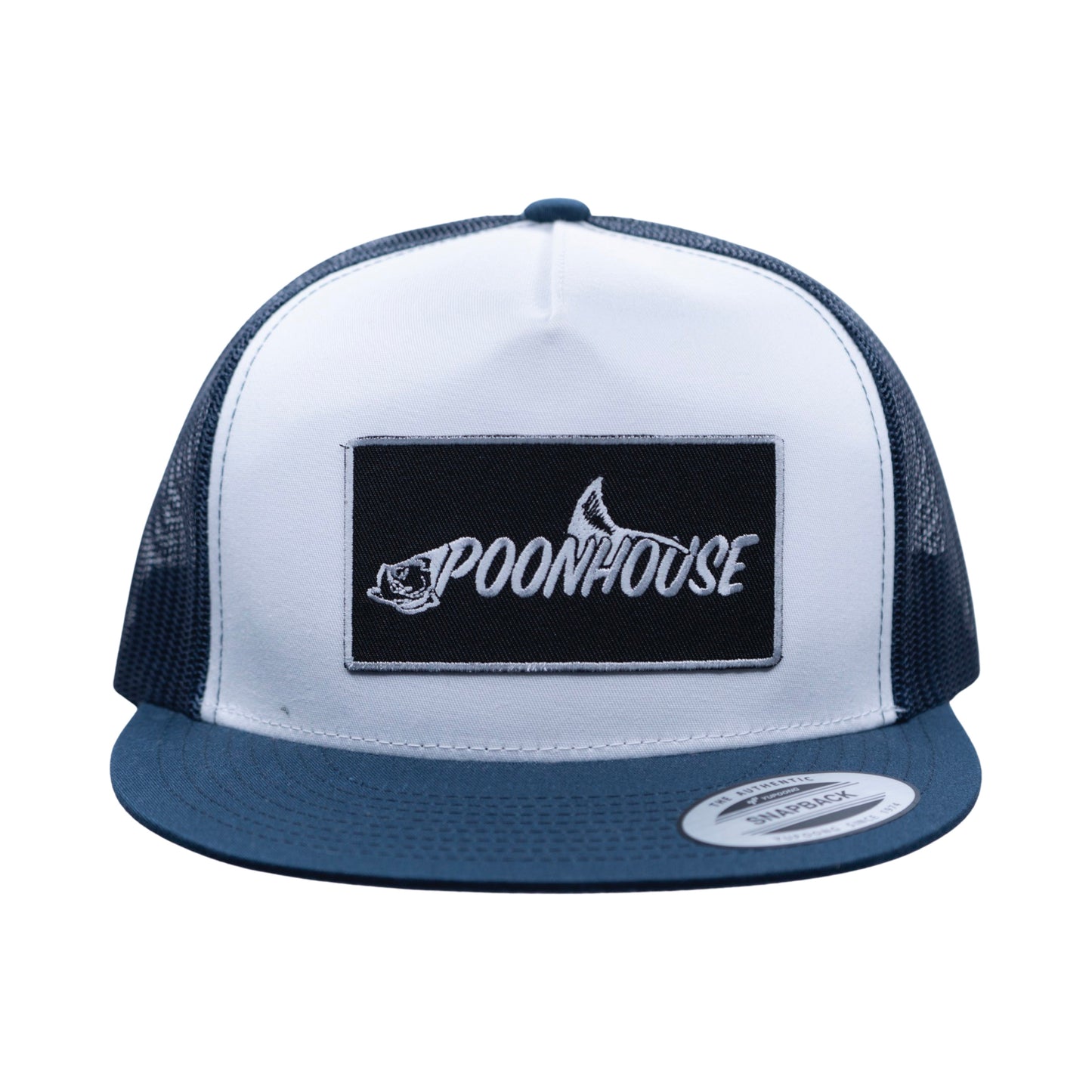 Navy & White- Black Patch Yupoong Snapback Flat Bill