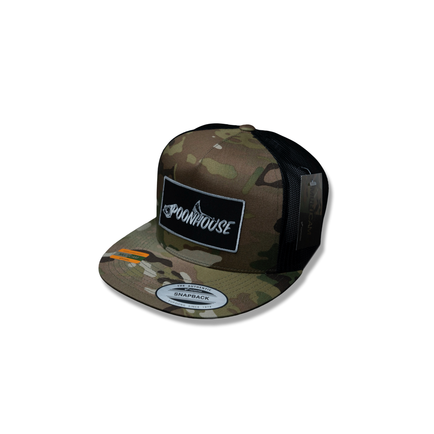 Multi Camo Yupoong Flat Bill with Black Patch