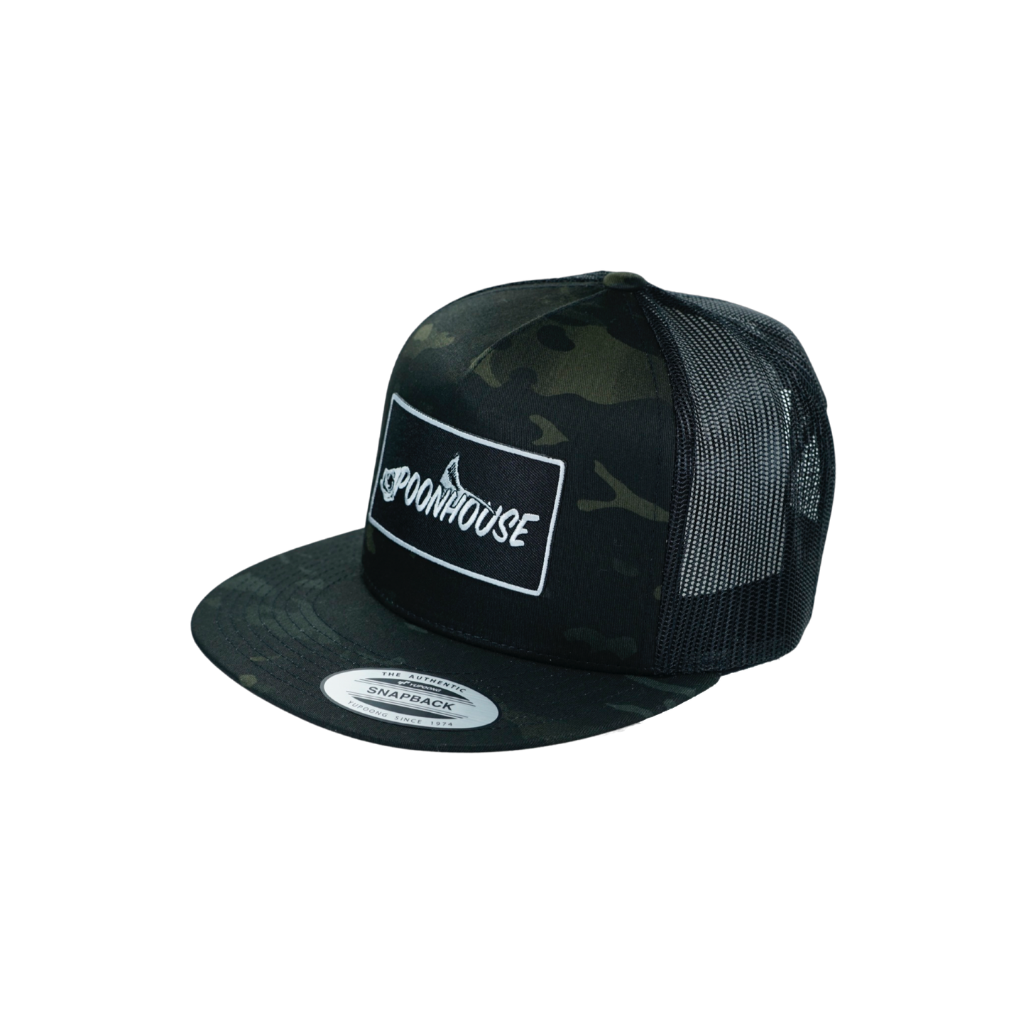 Dark Camo Yupoong Snapback Flat Bill with Black Patch