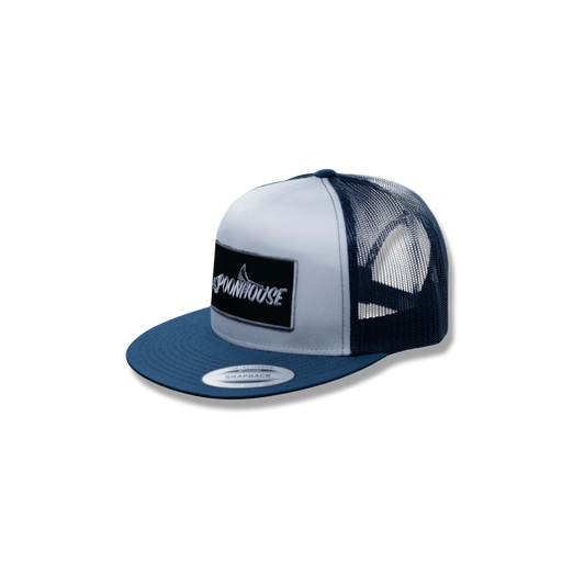 Navy & White Yupoong Flat Bill with Black Patch
