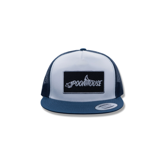 Navy & White Yupoong Flat Bill with Black Patch