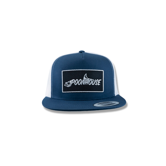 Navy & White Yupoong Flat Bill with Black Patch