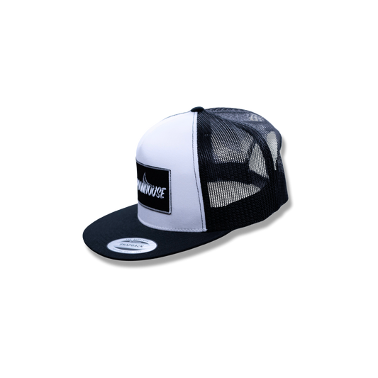 Black & White Yupoong Flat Bill with Black Patch