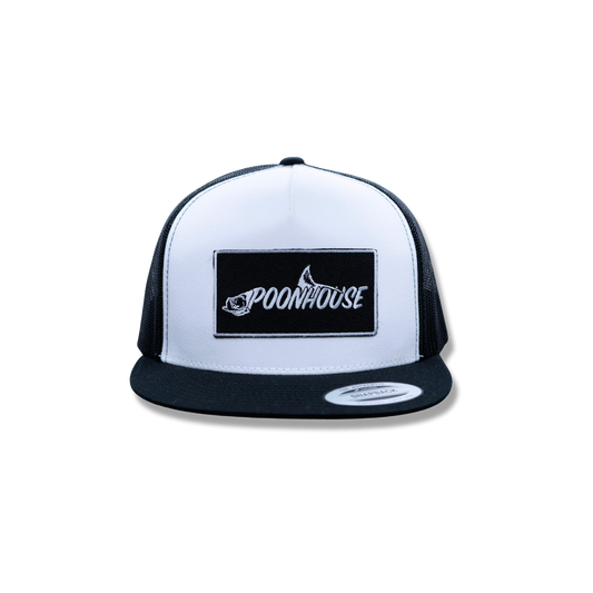Black & White Yupoong Flat Bill with Black Patch