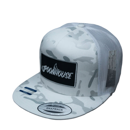 White Camo Yupoong Snapback Flat Bill Black Patch