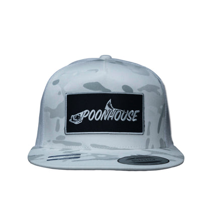 White Camo Yupoong Snapback Flat Bill Black Patch